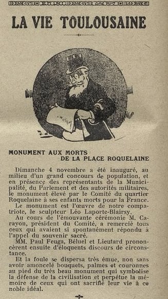 Inauguration du monument aux morts de la place Roquelaine
(Extrait du Cri de Toulouse du 17 novembre 1923)
