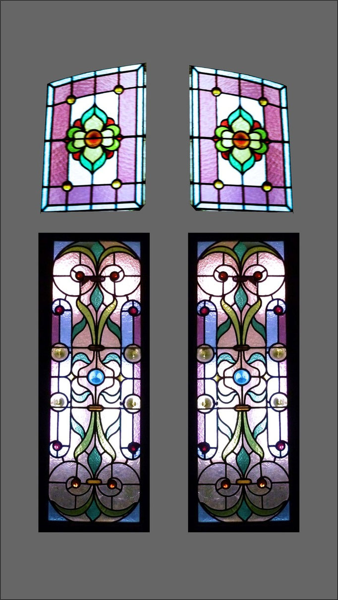 Reconstitution à partir de l'imposte et d'un des vitraux démontés suite au bris. Cre Philippe